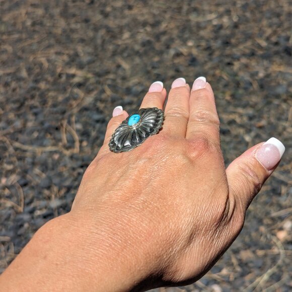 Navajo Concho Ring Kingman Turquoise Sterling Silver Native Am Jewelry sz 7.25US - Picture 10 of 10